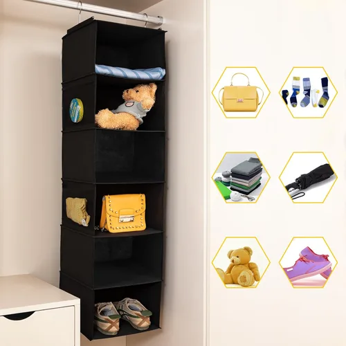 Miniatura 4 de BrilliantJo Organizador colgante de armario con 6 estantes, paquete de 2 unidades de almacenamiento colgante con 4 bolsillos laterales para ropa y 6