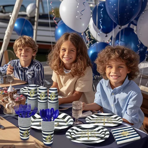 Miniatura 6 de Suministros náuticos para fiesta de cumpleaños para 20 invitados, platos marineros azul marino y dorado, servilletas, tazas y cubiertos, brújula