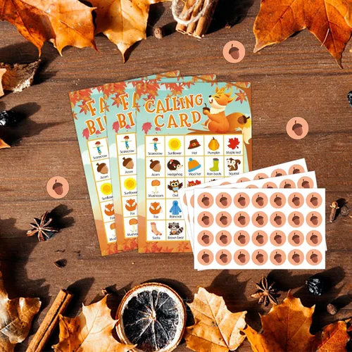 Miniatura 7 de SICOHOME Tarjetas de bingo de otoño para niños, 26 jugadores, juego de bingo de Acción de Gracias para niños y adultos, otoño, Halloween, Acción