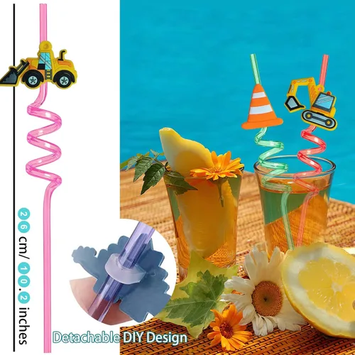 Miniatura 3 de Suministros reutilizables para fiesta de cumpleaños con tema de construcción - 16 piezas de pajitas de plástico para beber con temática