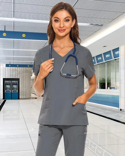 Miniatura 5 de VIAOLI Conjunto de uniforme médico para mujer, cuello en V, 5 bolsillos y pantalones deportivos con múltiples bolsillos para enfermería y trabajo
