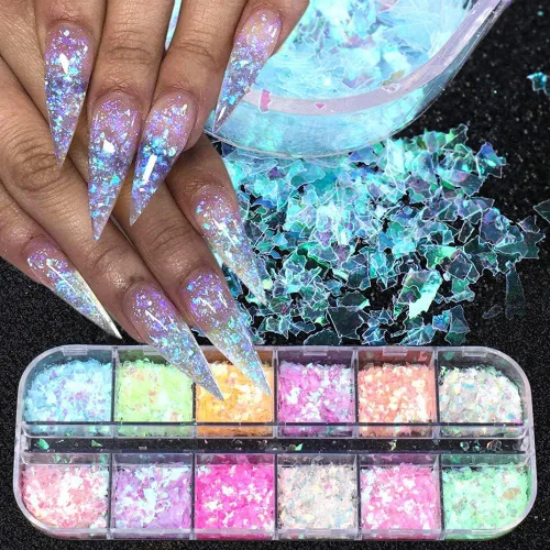 12 rejillas de lámina de uñas holográficas, copos de papel de aluminio holográfico para uñas, confeti con purpurina dorada y plateada, copos