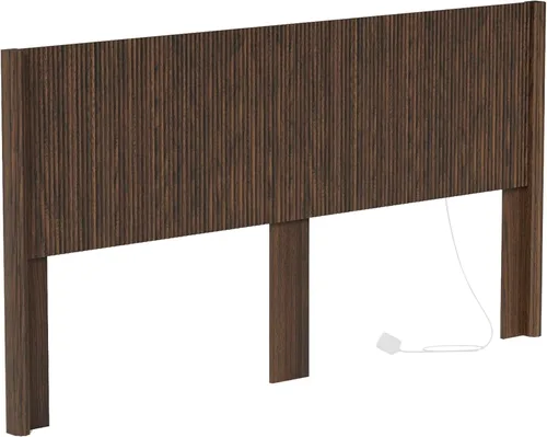 Miniatura 8 de Cabecera tamaño King solamente, moderno tablero acanalado montado en la pared con iluminación, cabecera de cama de madera bohemia elegante