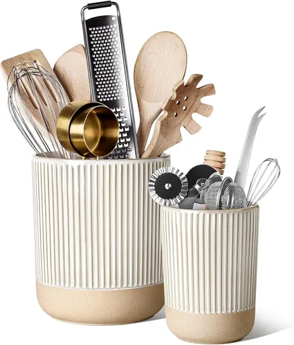 Miniatura 9 de LE TAUCI Juego de 2 soportes para utensilios de cocina de 6.9 + 5.3 pulgadas, organizador grande de utensilios de cocina de cerámica para espátula
