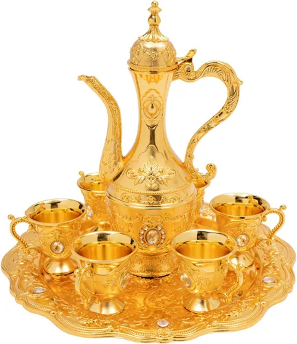 Juego de tetera turca dorada, taza de café clásica dorada con bandeja y 6 tazas, taza de café vintage de servicio de té turco para hogares, Dorado