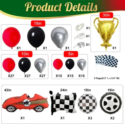 Miniatura 4 de Kit de arco de globos de auto de carreras, decoración de cumpleaños de coches de carreras, fiesta de cumpleaños, bandera roja, negra y plateada, kit