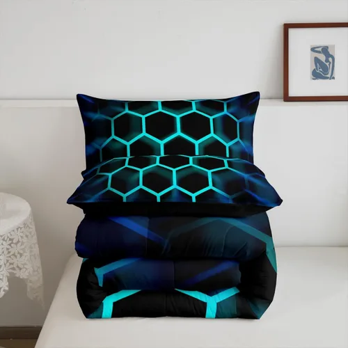 Miniatura 6 de Juego de ropa de cama individual de panal para niños y niños, color negro, verde azulado, azul, hexagonal, geométrico, patrón de colmena, edredón