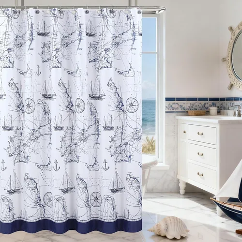 Miniatura 7 de Cortina de ducha náutica azul aviación, cortina de ducha de tela, cortinas de ducha azul marino para baño, cortinas de baño impresas, cortinas