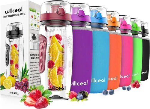 Miniatura 9 de Botella de agua con infusor de frutas de 32 onzas, duradera, grande, sin BPA, Tritan con tapa abatible, diseño a prueba de fugas, deportes, camping
