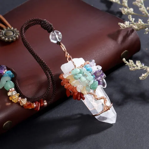 Miniatura 13 de Jovivi - Collar con dije de cuarzo de cristal natural envuelto en alambre con la forma de árbol de la vida de piedras preciosas, regalo ideal