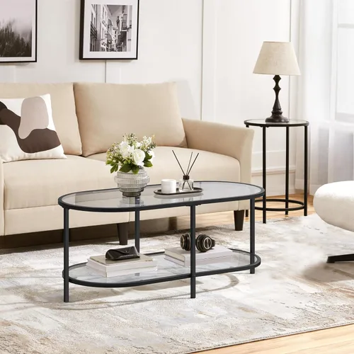 Miniatura 2 de Yaheetech Mesa de centro de cristal, pequeña mesa central negra con estante de almacenamiento para sala de estar, espacio pequeño, apartamento