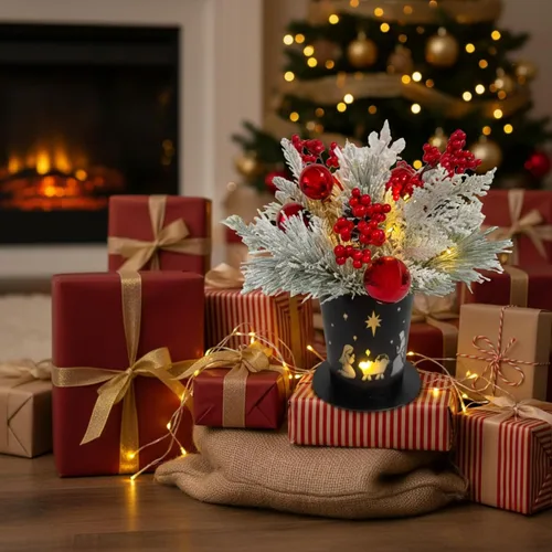 Miniatura 9 de Centro de Mesa Navideño Iluminado en Maceta de Metal con Temporizador, Escena del Nacimiento Navideño en Base de Metal Negro con Ornamento de Piñas