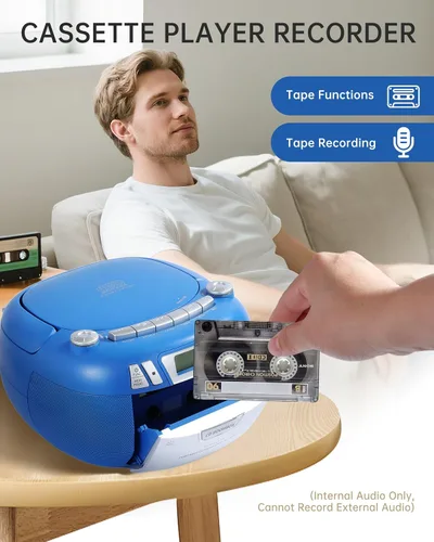 Miniatura 4 de Boombox - Reproductor de CD con Bluetooth y reproductor de cassette, radio AM/FM portátil, entrada MP3/USB/AUX, sistema de sonido estéreo