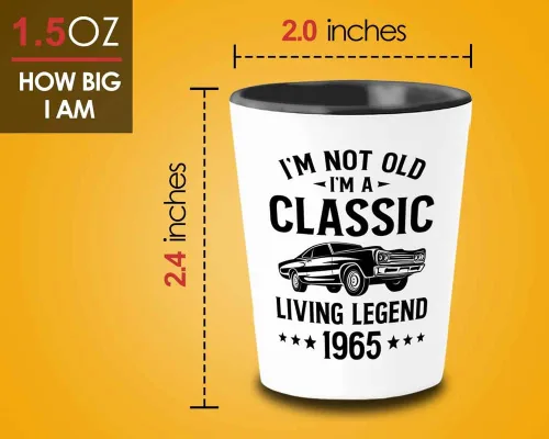 Miniatura 4 de Vaso de chupito para cumpleaños número 58, 1.5 onzas, leyenda de Livlng 1965, nacido en 1965, regalos de autos clásicos de la vieja escuela