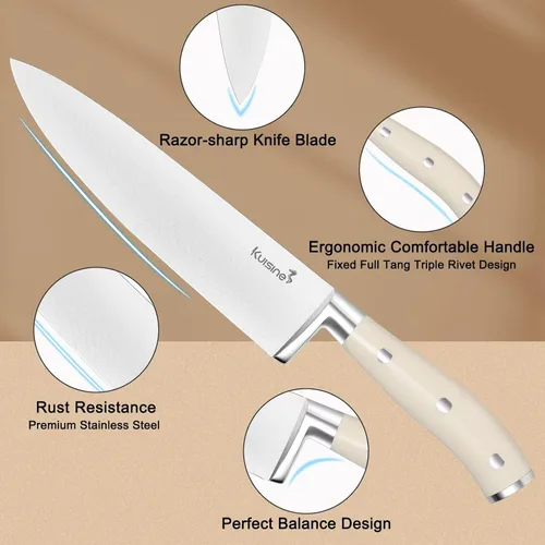 Miniatura 5 de Juego de cuchillos de cocina Kuisine, hoja de acero inoxidable de alto carbono ultra afilada, mango ergonómico, juego de cuchillos afilados