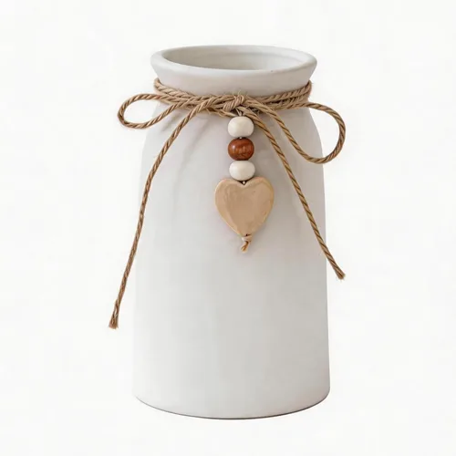 Miniatura 9 de Elegante jarrón de cerámica de 8 pulgadas con patrón geométrico, jarrón decorativo con cuerda de yute y dije de corazón para decoración del hogar