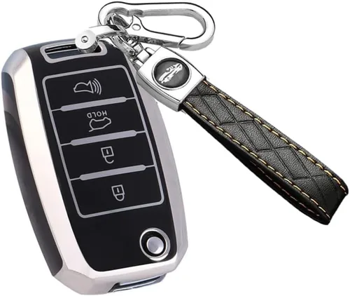 Miniatura 8 de ontto Funda para llavero de 3 botones con llavero compatible con Kia Flip Remote Key Holder para Rio Soul Forte Optima Carens Beige, Beige (3 btn))