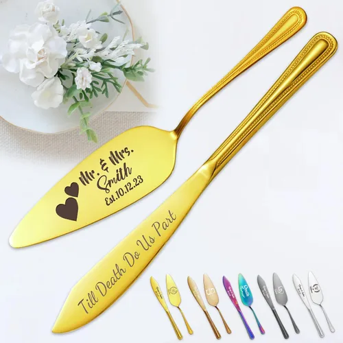 Miniatura 9 de Juego personalizado de corte de pasteles para boda, servidor de pastel de boda grabado gratis, cuchillo de pastel de acero inoxidable y juego
