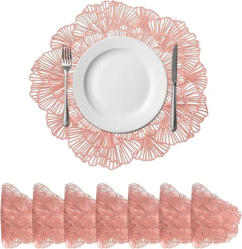 Miniatura 14 de uxcell Juego de 4 manteles individuales redondos de flores rojas para mesas de cena, manteles individuales metálicos de polivinilo prensado