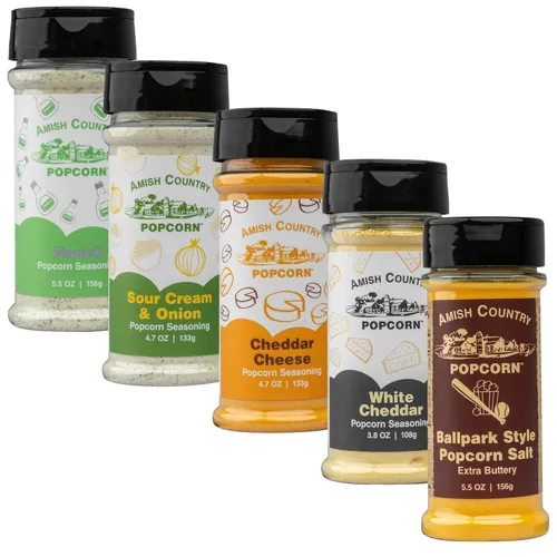 Miniatura 40 de Amish Country Popcorn Paquete variado de condimentos Queso cheddar – 5.1 oz y queso cheddar blanco – Condimento de palomitas de maíz de 3.8 onzas