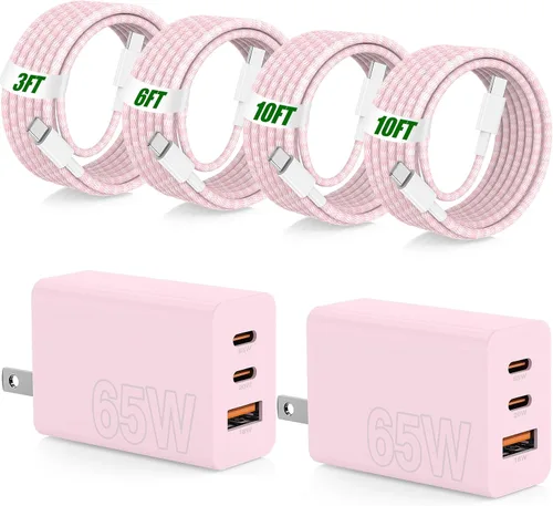 Miniatura 13 de USB C de carga súper rápida de 65 W para iPhone 17 16 Pro Max, bloque de carga USB C de 3 puertos de 100 W PD y cable trenzado tipo C de 3/6/6/10