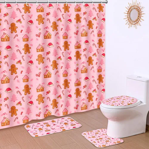 Miniatura 7 de Fanfanwin Juego de 4 piezas de baño de Feliz Navidad con cortina de ducha de árbol de Navidad de 71 x 71 pulgadas, alfombras antideslizantes