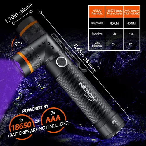 Miniatura 2 de NICRON linterna UV, N72-UV 800LM luz blanca, cambia libremente entre luz blanca y luz UV, detector para orina de perro, manchas húmedas, chinches