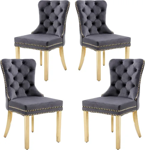 Miniatura 11 de KCC Nikki Collection - Juego de 4 sillas de comedor de terciopelo tapizadas de alta gama con anillo trasero de clavo, patas de madera maciza