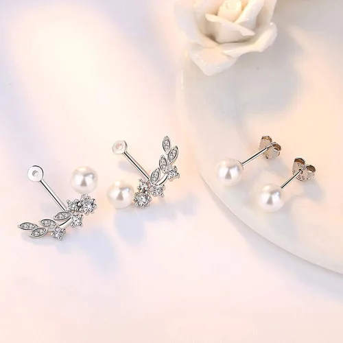 Miniatura 3 de Juego de aretes tipo chaqueta de oreja de plata de ley 2 en 1 con circonita cúbica
