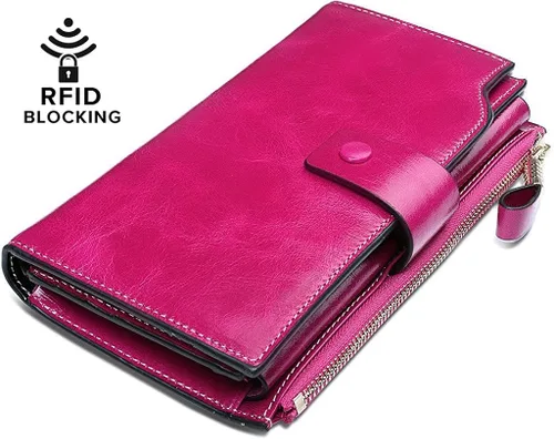 Miniatura 2 de YALUXE Cartera de piel auténtica para mujer, con bloqueo RFID, tarjetero múltiple con bolsillo para teléfono celular