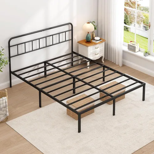Miniatura 6 de Base de cama Queen con cabecera clásica, fuerte soporte de listones de metal, espacio de almacenamiento debajo de la cama, no necesita somier, fácil