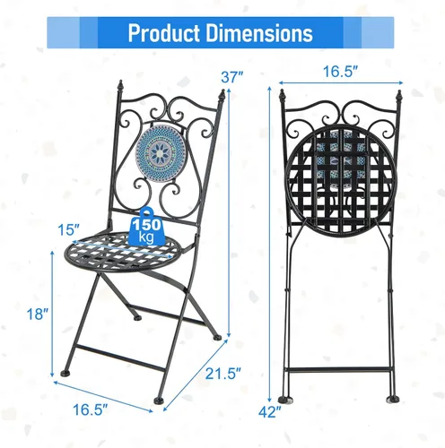 Miniatura 3 de Giantex Juego de 2 sillas plegables para patio, sillas bistró de mosaico con respaldo y asiento redondo, marco de metal resistente, capacidad de 330
