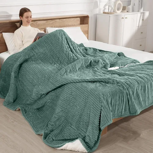 Miniatura 11 de Manta térmica eléctrica de 50 x 60 pulgadas, franela a rayas y sherpa más gruesa, 5 ajustes de calor y apagado automático de 4 horas