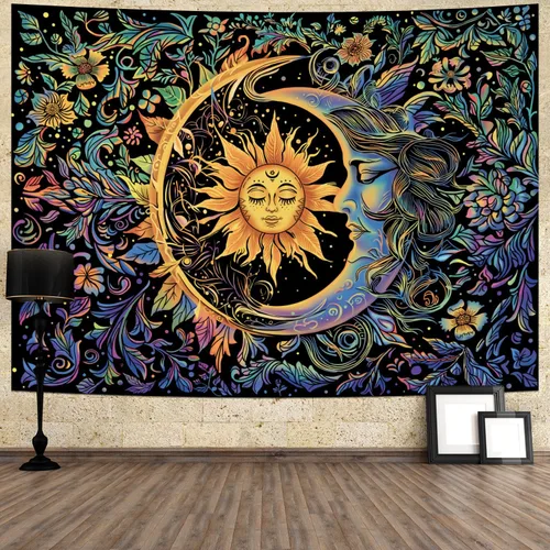 Miniatura 4 de Tapiz de sol y luna, psicodélico, místico, floral, hippie, bohemio, flores, tapices de pared, tapices estéticos vintage para colgar en la pared