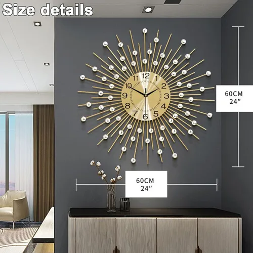 Miniatura 4 de Reloj de pared grande moderno, decorativo, de metal, de 24 pulgadas, silencioso, sin tictac, hecho a mano, de lujo, diseño de diamante, para sala
