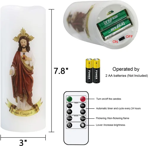 Miniatura 5 de Wondise Vela de oración devocional con imagen del Sagrado Corazón de Jesús con control remoto y temporizador, funciona con pilas, vela LED blanca