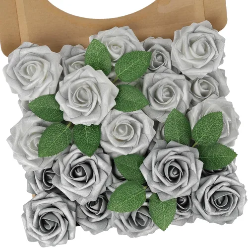 Miniatura 60 de N&T NIETING 25 unidades de flores artificiales, Rosas de espuma artificial de sensación real al tacto, decoración para boda, dama de honor, ramo