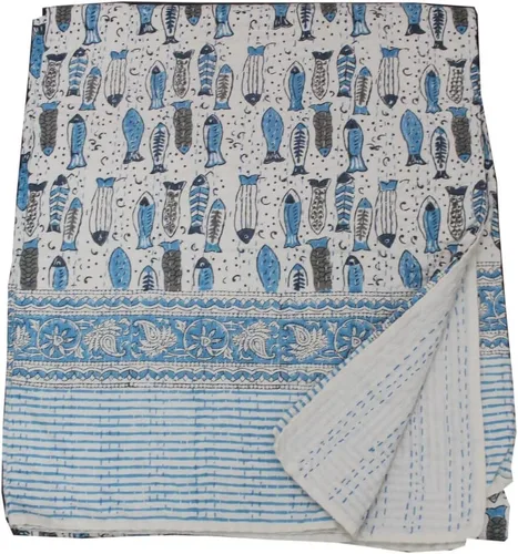 Miniatura 7 de Manta Kantha de retazos bohemios, manta de cama bohemia tamaño King, colcha Kantha con estampado de frutas, funda de cama Kantha hecha a mano Beige