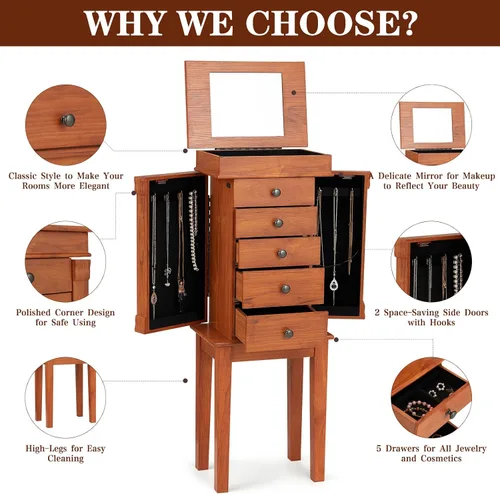 Miniatura 2 de AVAWING Armario de joyería con 5 cajones y 8 ganchos para collares, joyero organizador de pie con 2 puertas batientes laterales, espejo