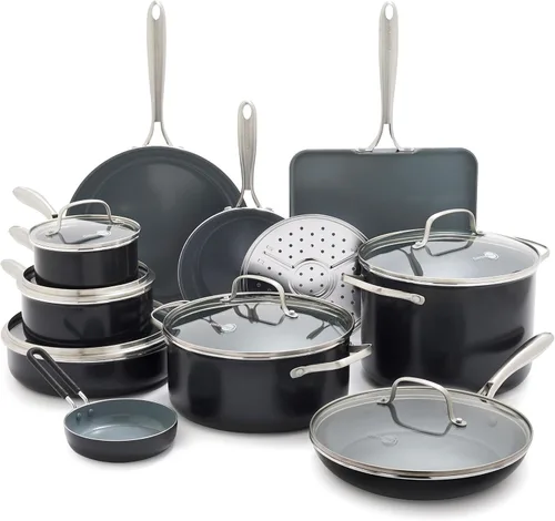 GreenPan Juego de utensilios de cocina Swift antiadherentes de 17 piezas, ollas y sartenes de cerámica sin PFAS con tapas, apto para lavavajillas y