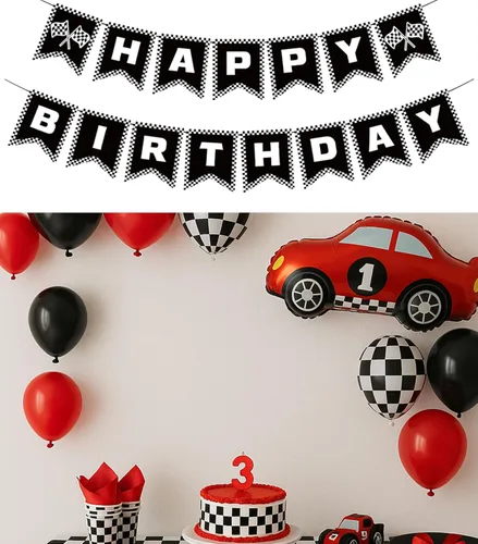 Miniatura 4 de Decoraciones de fiesta de cumpleaños de coche de carreras, bandera de feliz cumpleaños a cuadros en blanco y negro, suministros de fiesta temática