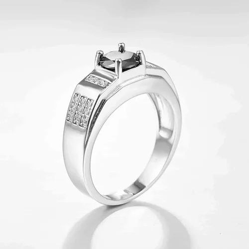 Miniatura 4 de Anillo de plata de ley 925 con relleno de corte redondo, topacio negro de imitación, anillo de compromiso de boda de alto pulido para mujer