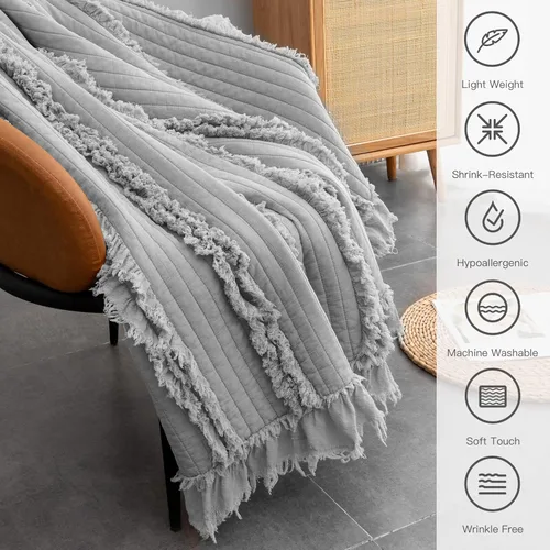 Miniatura 4 de Manta acolchada ultra suave y prelavada de tamaño individual para cama, manta decorativa con flecos y volantes, manta rústica lavada a la piedra Gris