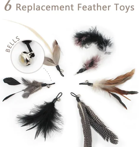 Miniatura 2 de SONGWAY Juego de juguetes interactivos de plumas para gatos, varita retráctil con 6 recambios de plumas con campana, juguetes de varita para gatos