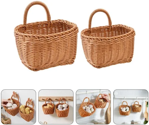 Miniatura 9 de ABOOFAN Cesta colgante de ratán, 2 piezas, tejida en la pared con ganchos, cesta de almacenamiento de frutas y verduras para utensilios de papa