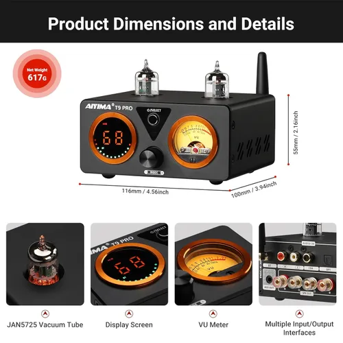 Miniatura 3 de AIYIMA Amplificador Bluetooth T9 PRO de 200W Amplificador de Potencia Digital HiFi Clase D Canal 2.0/2.1 Amplificador DAC de Tubo de Vacío