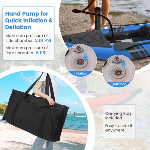 Miniatura 5 de GYMAX Kayak inflable, kayak tándem de 12.5 pies y 507 libras con 2 remos de aluminio, 2 asientos acolchados, reposapiés, 2 aletas, bomba de mano