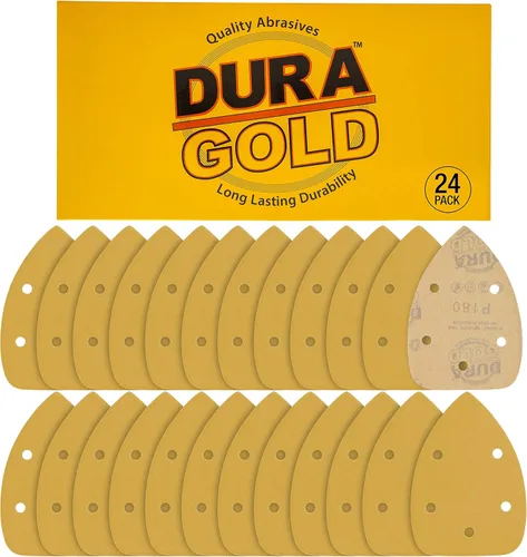 Dura-Gold Hojas de Lija Premium para Lijadora de Detalle Tipo Ratón - Grano 180 (Caja de 24) - Discos Triangulares de 5 Orificios con Sistema de
