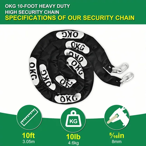Miniatura 2 de OKG Cadena de seguridad resistente, 10 pies x 5/16 pulgadas (0.315 in) de grosor, cadena de motocicleta antirrobo y a prueba de cortes con junta