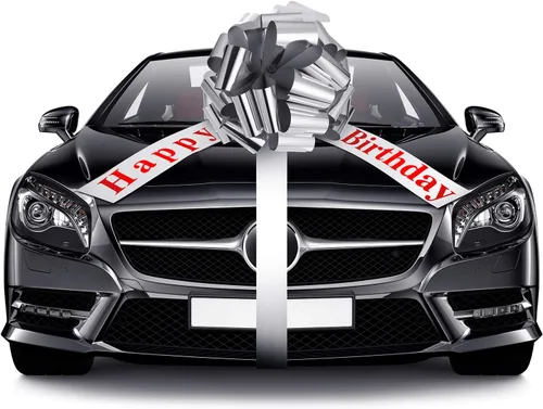 Lazo Grande de Coche de Feliz Cumpleaños, Lazo Decorativo Grande para Envolver Regalos, Lazo Gigante con Cinta de Tirar para Decoración de Fiestas